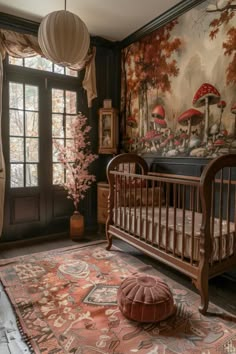 a baby's room with a crib, rug and large window in it