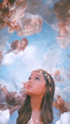 a woman wearing a tiara looking up into the sky with angels above her head