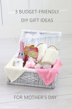 a white basket filled with bath products and other items for mother's day text reads 3 budget - friendly diy gift ideas