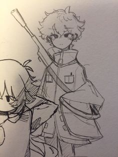 a drawing of two anime characters with one holding a baseball bat and the other looking at something