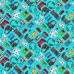 a blue background with video game controllers on it