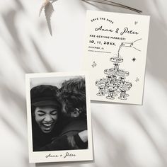 two wedding cards, one with a drawing of a cake and the other with an image of a smiling couple