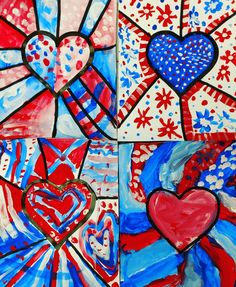 four paintings with hearts painted on them in red, white, and blue colors are shown