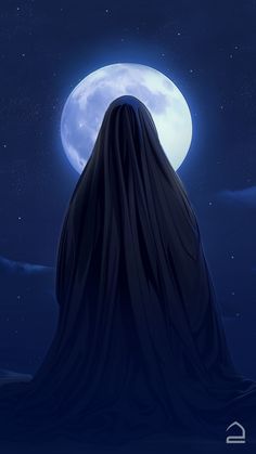 a full moon is in the sky behind a black cloak