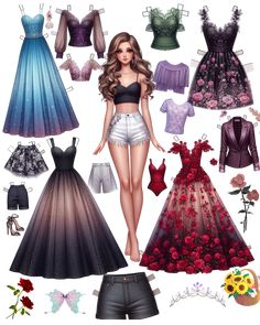 the paper doll has many different dresses and bras on it's chest, as well as flowers