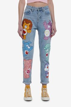 Ready to visit your favorite Care Bears and Care Bear Cousins? Head over to Care-A-Lot in the cutest mom jeans! Featuring your favorite Care Bear Cousins printed down both legs, plus stars printed on the back pocket. Cheap Fun Sweatshirt With Cartoon Print, Cheap Casual Hello Kitty Print Dresses, Cheap Multicolor Hello Kitty T-shirt, Spring Hello Kitty Print Top, Cheap Disney Multicolor Tops, Care Bears Shorts, Cheap Fun Tops With Hello Kitty Print, Cheap Hello Kitty Print Tops For Spring, Care Bare Pajamas