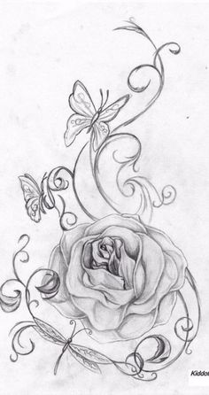 a pencil drawing of a rose with butterflies on the vine and swirls around it