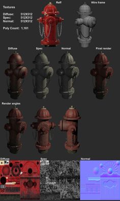 various fire hydrants are shown in different colors and sizes, with the names below them