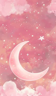 a pink sky with stars and a crescent on the moon in the clouds is shown