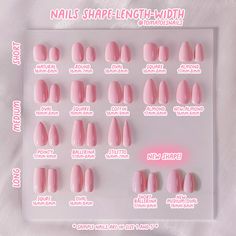 ♡ Ready to ship Not sure what is your nails size? Which nail shapes look the best on you? The kit contains 1 set of blank nails size #0-9 You can measure against your natural nails at home to ensure the perfect fit on your future set  (make sure you have no polish on when try the blank nails) Some shapes & lengths run small in width The biggest size is 16 mm. (Suitable for size XS-M) : -Short Natural -Short Round -New Medium Almond -Medium Almond Round -Medium Stiletto -Long Oval -Long Square ♡ Press On Nail Sizes, Nail Sizes Shape Chart, Natural Nails At Home, Nail Length Chart, Full Set Nails Acrylic, Mail Shapes, Mail Shape, Nail Sizing Kit, Nail Lengths