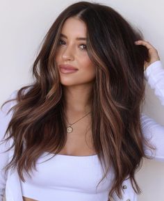 Caramel Face-Framing Highlights for Dark Hair Cinnamon Hair, Framing Highlights, Money Piece, Chocolate Brown Hair, Short Brown Hair, Dark Hair With Highlights, Long Dark Hair, Brown Balayage, Ombré Hair