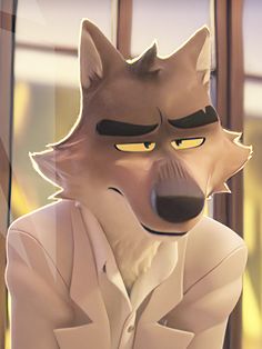 an animated fox wearing a suit and tie sitting in front of a window with his hands on his hips