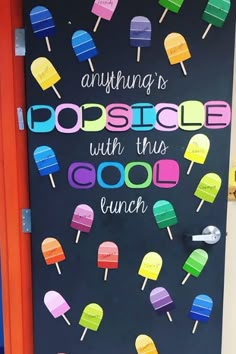 an image of a door decorated with ice cream and popsicles that says anything is possible with this cool lunch