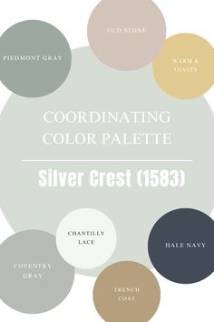 the coordinating color palette for silver crest is shown in different colors and sizes, including gray,