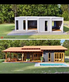 two pictures side by side of a house made out of shipping containers