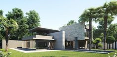 an artist's rendering of a modern house with palm trees in the foreground