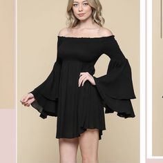 Off-The-Shoulder Dress Featuring Topped With A Straight Neckline, And Long Bell Sleeves. 100% Rayon. Off Shoulder Bell Sleeve Dress, Casual Black Off Shoulder Dress, Black Long Sleeve Off Shoulder Summer Dress, Black Off Shoulder Dress For Brunch, Black Off-shoulder Mini Dress For Brunch, Flowy Off-shoulder Smocked Dress For Brunch, Black Mini Dress With Smocked Back For Brunch, Black Flowy Off-shoulder Dress, Dresses With Bell Sleeves