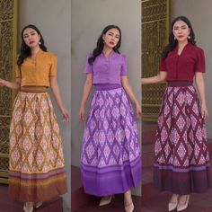 Vintage Lanna TRADITIONAL CLOTHES SET Available In Three Colors - Thailand Vintage Skirt And Blouse Clothe Set For Women 2 piece set Shirt and skirt  Cotton fabric, printed pattern, no lining, no glue. Slim-fit collar shirt, front buttons, shirt length 16-17 inches. High waist skirt Tweed pleated style, not smocked, has a back zipper, length 37 inches. Package contents; 1 crop 1 skirt Material : Cotton Fabric Size Top : 34/ Chest 34 inches / Length 16 inches 36/ Chest 36 inches / Length 16 inche Mode Batik, Bridal Sarees South Indian, Shirt And Skirt, Batik Fashion, Traditional Clothes, Vintage Rock, Skirt And Blouse, Clothes Set, Bridal Saree