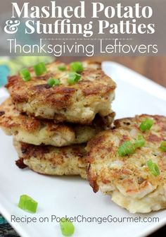 mashed potato and stuffing patties with green onions on a white square plate, ready to be eaten