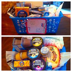 two baskets filled with different types of food