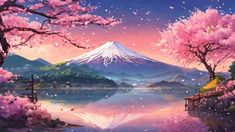 a painting of a mountain with pink flowers in the foreground and a lake on the other side