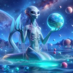 an alien sitting on top of a body of water holding a ball in its hand