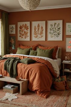 a bedroom with orange and green decor on the walls