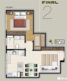 the floor plan for a two bedroom apartment with an attached kitchen and living room area