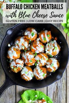 buffalo chicken meatballs with blue cheese sauce in a cast iron skillet on a wooden table