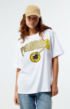 PacSun exclusive! Show off your team spirit with the MLB Wild Collective x PacSun Oversized T-Shirt. This tee features short sleeves, a crew neckline, and a bold baseball team graphic on the front. With its relaxed oversized fit, it’s perfect for a casual day out or cheering from the stands.Solid color teeShort sleevesCrew necklineFront graphicSmall side slitsOversized fit100% cottonMachine washableModel is wearing a size smallModel measurements: 5’6.5” height, 32” bust, 23” waist, 35” hips Womens MLB Wild Collective x PacSun Oversized T-Shirt - White size Small Fall Photoshoot, Baseball Team, Oversized T Shirt, Team Spirit, Oversized Tshirt, Shirt White, Pacsun, Crew Neckline, Mlb