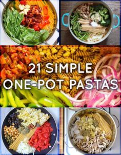 the cover of 21 simple one - pot pastas is shown in four different pictures