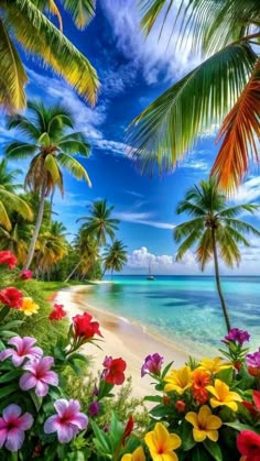 tropical beach with flowers and palm trees