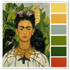 an image of frida kahlo with monkeys on her head