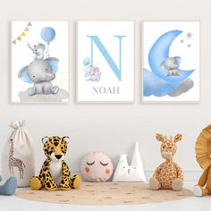 three children's nursery art prints featuring animals and the letter n