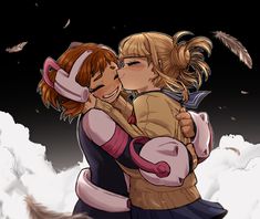 two people are hugging in the air with feathers flying around them and one person is wearing a brown jacket