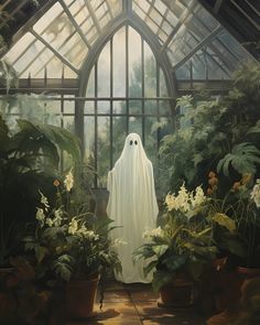 An oil painting of a ghost standing in a greenhouse. Vintage Ghost Painting Trend, Ghost Oil Painting, Halloween Fantasy Art, Halloween Oil Painting, Vintage Ghost Painting, Dark Gothic Art Beautiful, Ghost Painting Aesthetic, Ghost Core, Cottage Artwork