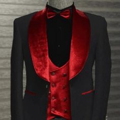 1 Button Shawl Lapel Single Breasted Double Breasted Vest One Chest Pocket Besom Pockets Color: Black And Red This Item Is Ideal For Weddings, Proms, Black Tie, Business And Other Formal Events. Red Wedding Tuxedo, Black Prom Suits, Button Shawl, Men's Tuxedo, Double Breasted Vest, Wedding Tuxedo, Prom Suits, Tuxedo Wedding, Black Prom