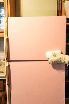 a pink refrigerator freezer sitting inside of a kitchen