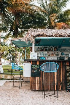 an outdoor bar with tiki chairs and palm trees