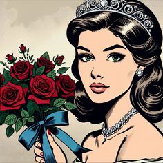 a woman holding a bouquet of roses wearing a tiara