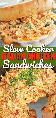 slow cooker italian chicken sandwiches in a skillet with the words slow cooker italian chicken sandwiches