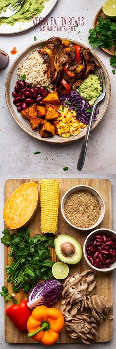 two plates filled with different types of food on top of a wooden cutting board next to each other