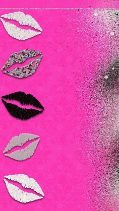 several different types of lipstick on a pink background with sprinkles and glitter