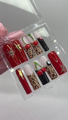 🐆🍒 picture set made in med long square why should you choose press ons? press ons make customising your nails easier and cheaper, you can change your nails on a week to week basis for people, like myself, that get bored of designs easily and want to change your nails frequently without breaking the bank and compromising the health of your nails. choosing custom made to order nails allows for full customisation, better quality nails and are reusable:) if you would like a fully custom set please Cherry Press On Nails, Lana Del Rey Nails Inspiration, Red Cheetah Nails, Lana Del Rey Retro, Lana Del Rey Nails, Pink Leopard Nails, Las Vegas Nails, Cheetah Print Nails, Vegas Nails