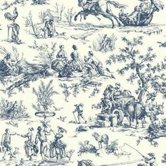 a blue and white toiler wallpaper with people riding horses, men on horseback