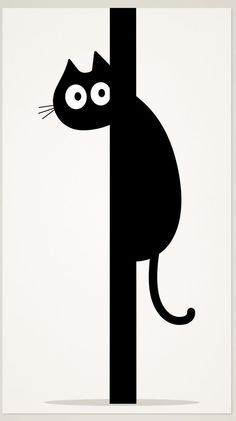 a black cat is peeking out from behind a pole with its eyes wide open and it's tail hanging down