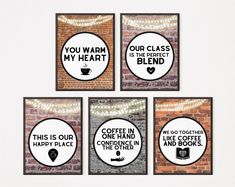 four posters with words on them and lights strung from the brick wall behind them that say you warm my heart, coffee is our valentine's day