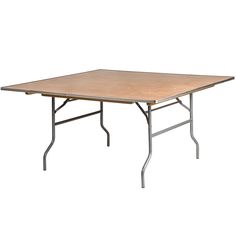 a wooden table with metal legs on a white background