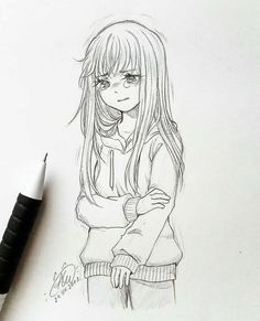 a pencil drawing of a girl with long hair