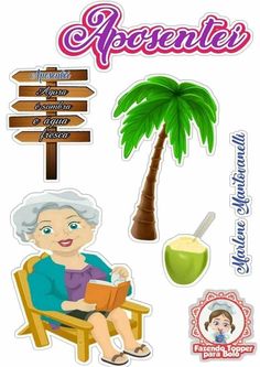 an old woman sitting in a chair next to a palm tree and a wooden sign